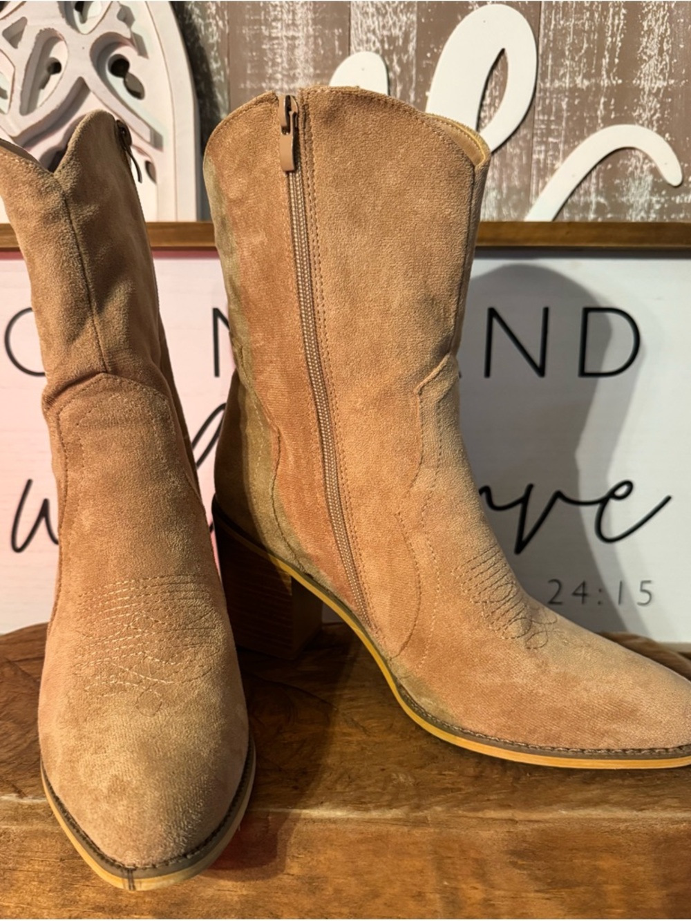 Women's Tan Suede Western Ankle Boots with Side Zip